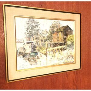Original Oil Painting Waterfront by Peggy Hill Signed 1974 H 24.25 inch, W 30.25